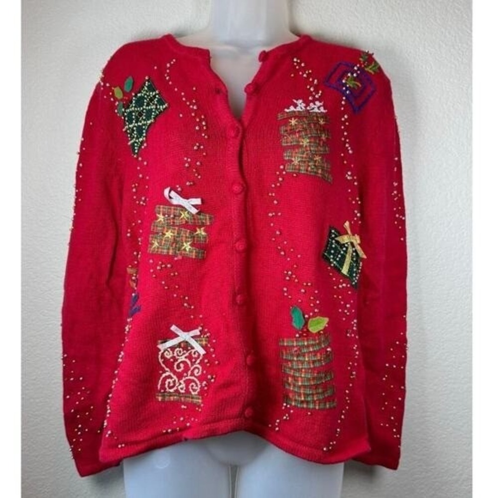 Vintage 90's Ugly Christmas Red Festive Ramie/Cotton Knit Sweater‎ Cardigan M